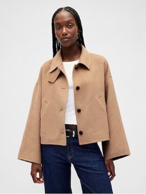 Womens Camel Boxy Wool-Blend Jacket
